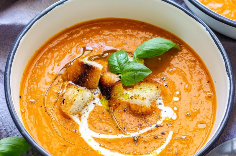 Creamy Tomato Basil Soup with Parmesan Croutons