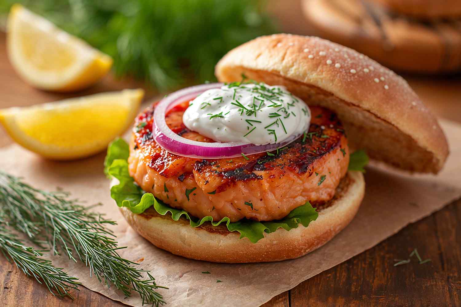 Grilled Salmon Burgers with Dill Sauce