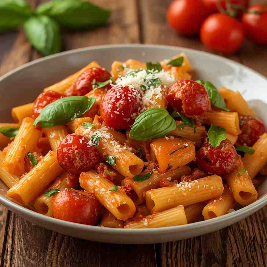 Vodka Rigatoni with Blistered Cherry Tomatoes
