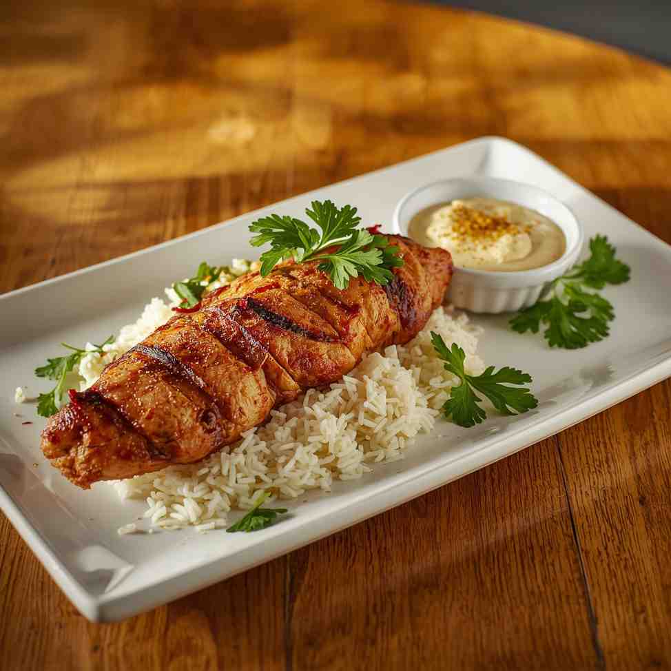 Chicken Shawarma Plate with Rice and Garlic Sauce