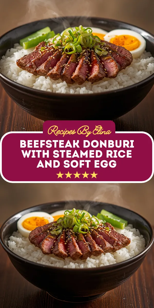 Beefsteak Donburi with Steamed Rice and Soft Egg
