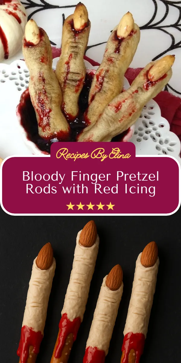 Bloody Finger Pretzel Rods with Red Icing