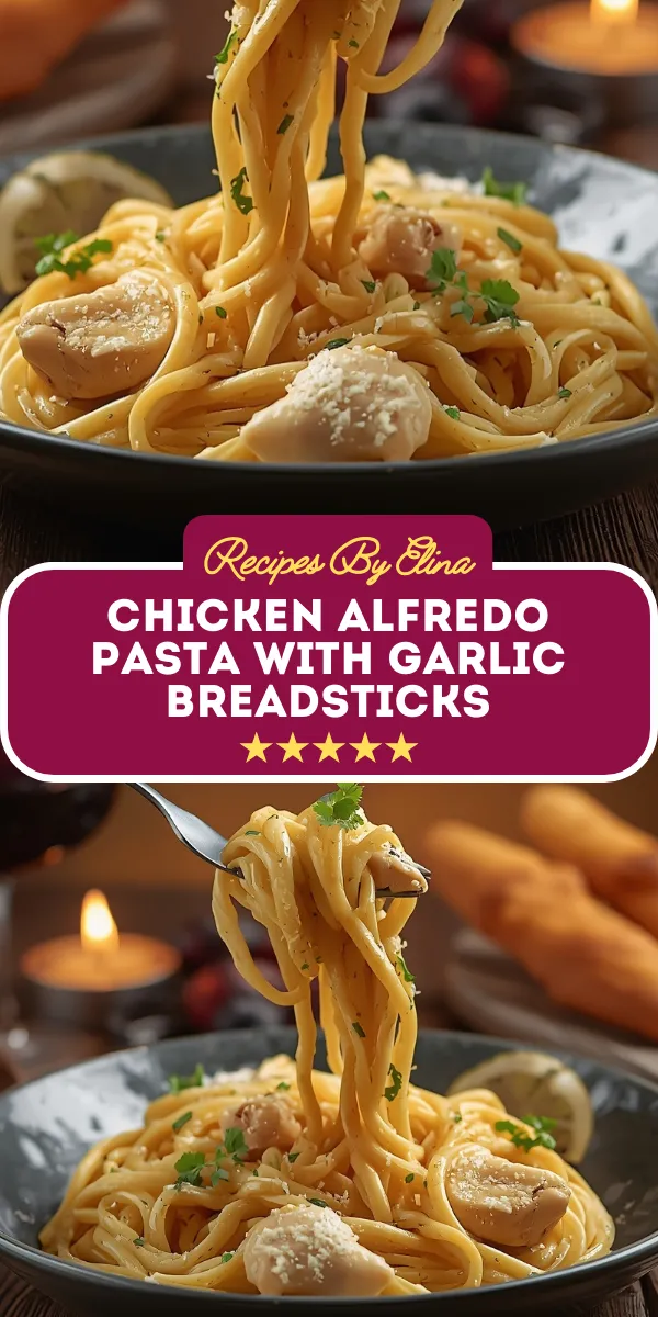 Chicken Alfredo Pasta with Garlic Breadsticks
