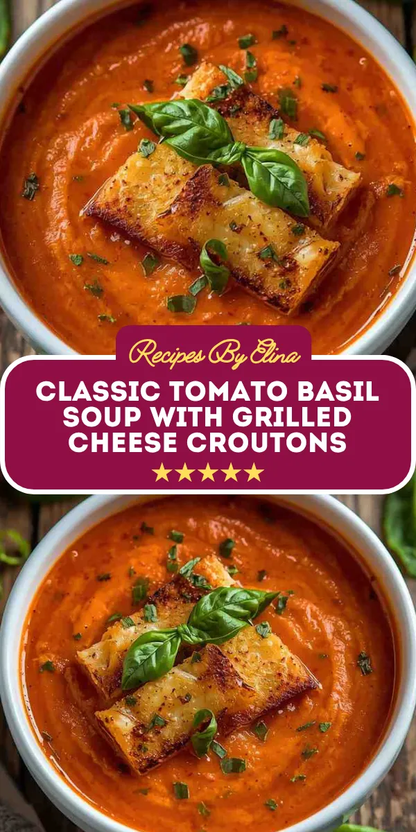 Classic Tomato Basil Soup with Grilled Cheese Croutons