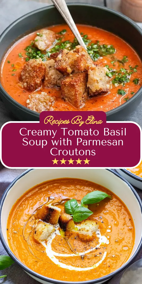 Creamy Tomato Basil Soup with Parmesan Croutons