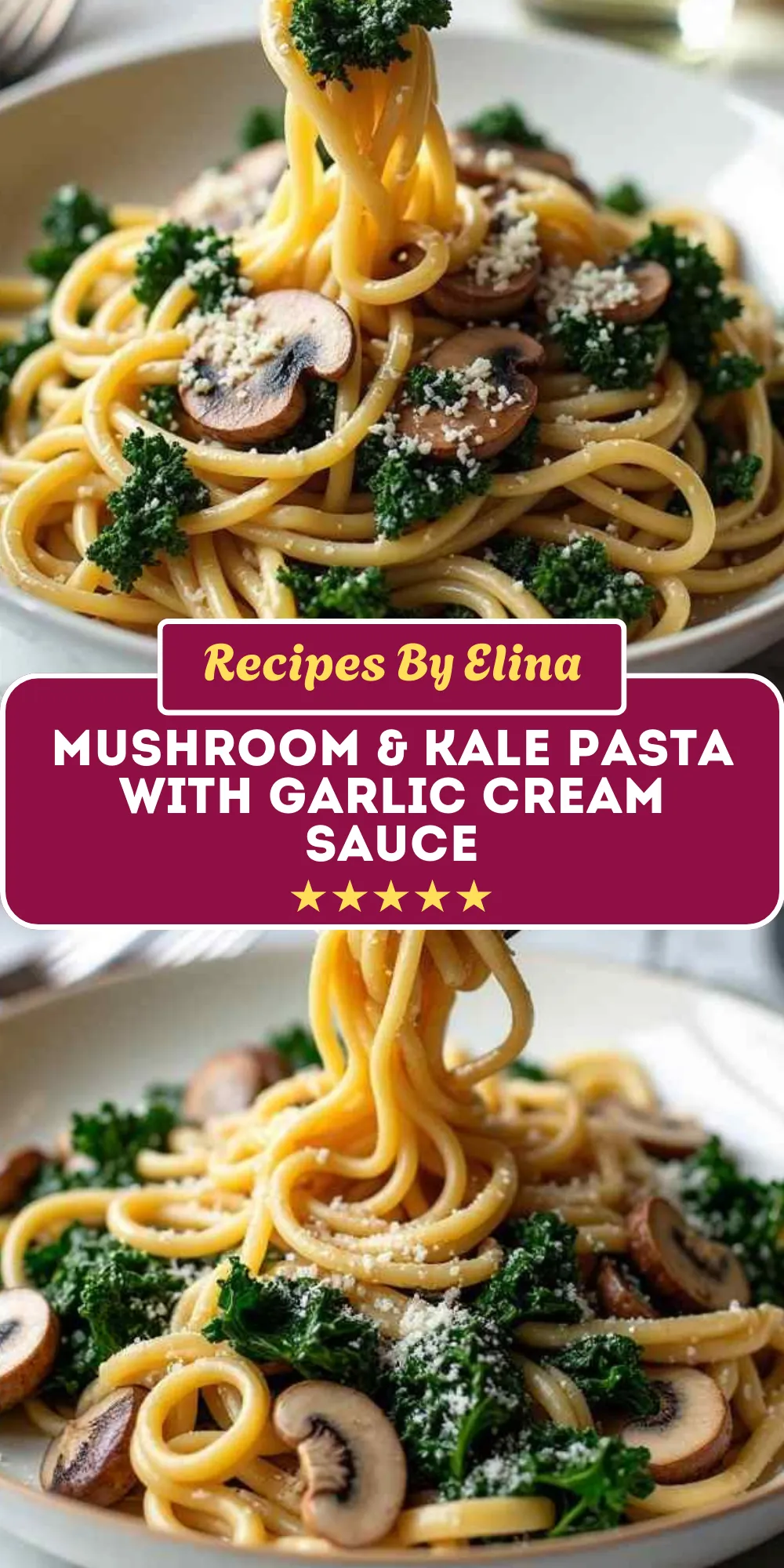 Mushroom & Kale Pasta with Garlic Cream Sauce