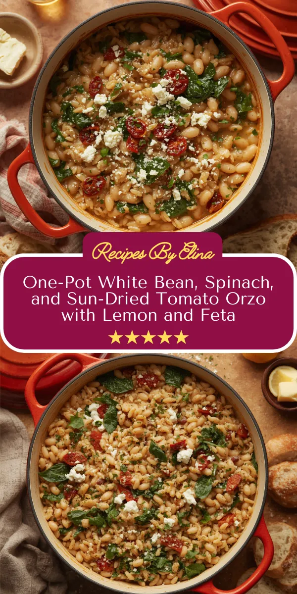 One-Pot White Bean, Spinach, and Sun-Dried Tomato Orzo with Lemon and Feta