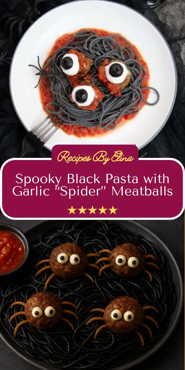 Spooky Black Pasta with Garlic “Spider” Meatballs