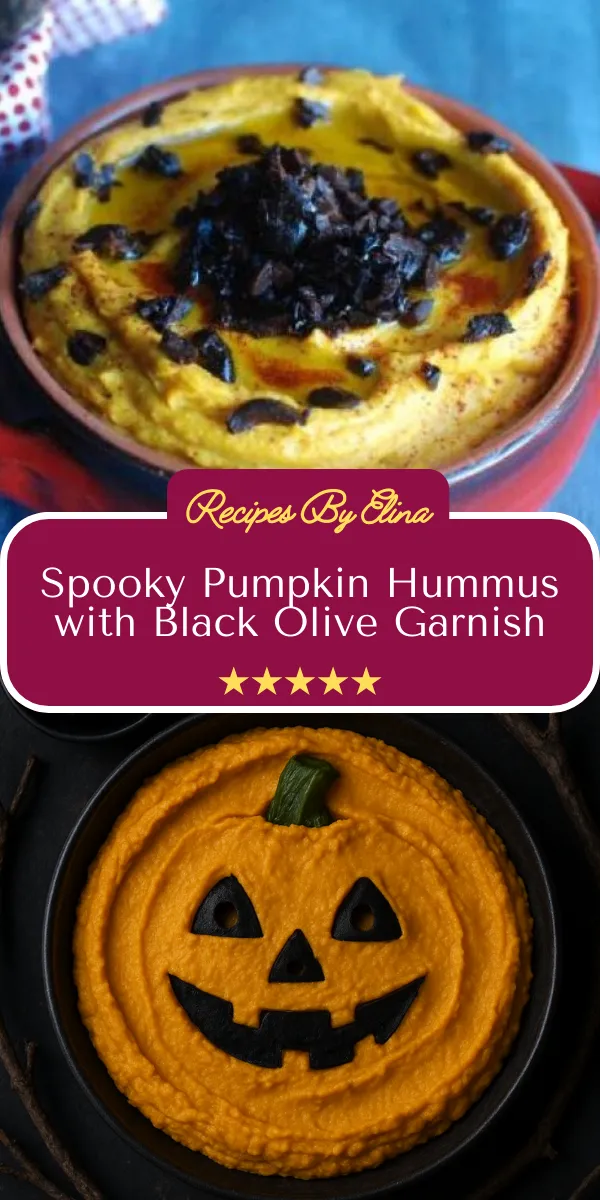 Spooky Pumpkin Hummus with Black Olive Garnish