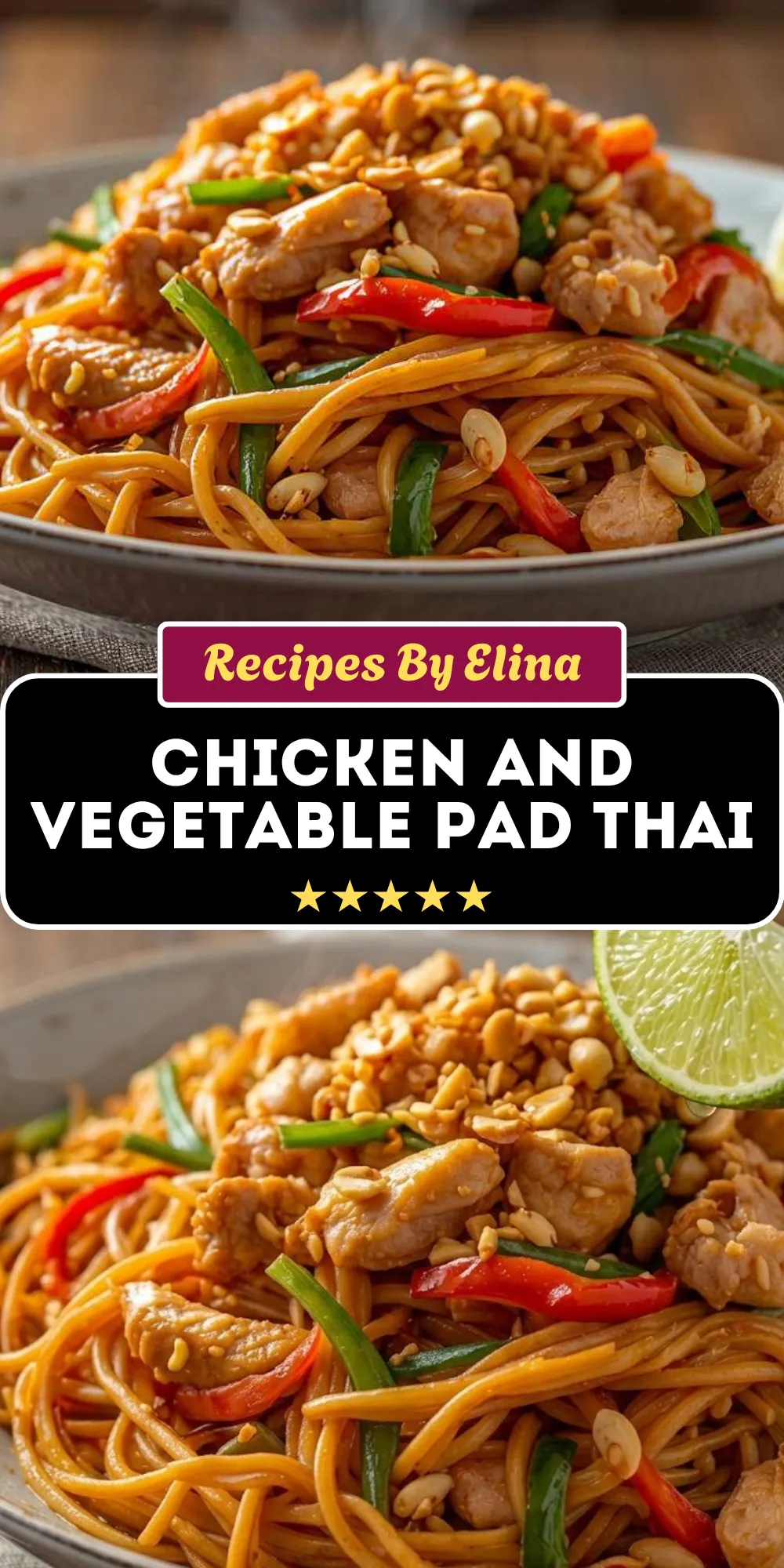 Chicken and Vegetable Pad Thai with Crushed Peanuts